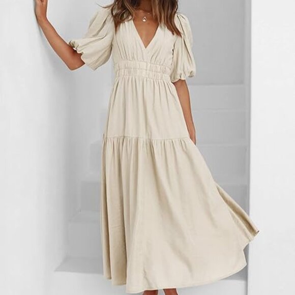 Women's V Neck Short Puff Sleeve A Line Tiered Fall Wedding Guest Maxi Dress - Picture 6 of 7